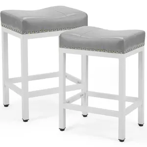 Set of 2 Bar Stools, 24 Inch Counter Height Saddle Stools, Modern Kitchen Barstools with Metal Base and PU Leather