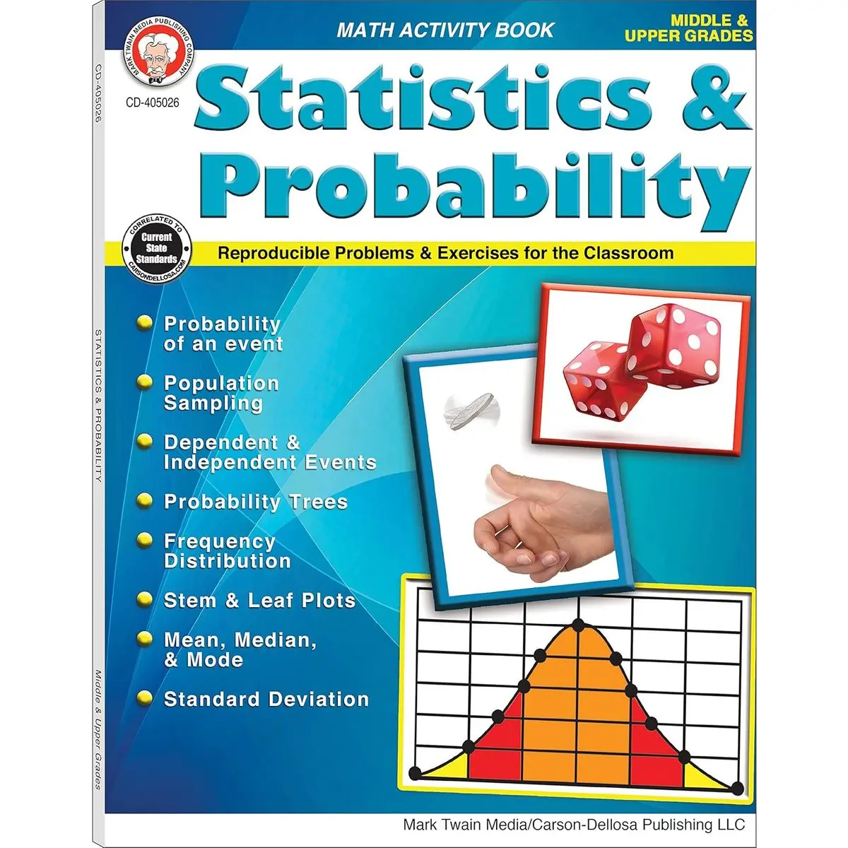 Mark Twain Media Statistics & Probability Math Workbook, Grades 5-12 Math Practice With Probabilities, Standard Deviation, Mean, Median, and Mode, STEM and Leaf Plots (80 pgs) Workbook Edition