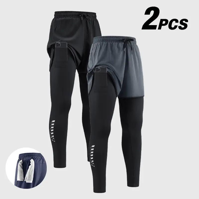 Veiskor-2 Pack Men's 2-in-1 Running Pants, Quick Dry Breathable Compression Leggings with Built-in Phone Pocket & Towel Loop, Elastic Waist Athletic Tights for Gym Workouts, Outdoor Running & All Seasons Comfy Drawstring tapered sweatpants split shorts