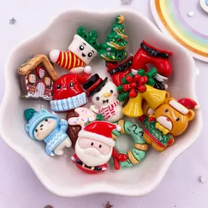 10pcs Mixed Resin Kawaii Colorful Mini Santa Trees Elk Snowman Bells Christmas Tree Box Hat Socks Bear House Flatback Cartoon Christmas Figurines Scrapbook DIY Decor Crafts Accessories Party Decoration Supplies