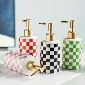 Checkerboard Pattern Ceramic Soap Dispenser, 10.55oz Soap Dispenser with Manual Pump, Refillable Empty Container for Shampoo, Body Wash, Hand Soap, Bathroom Accessory