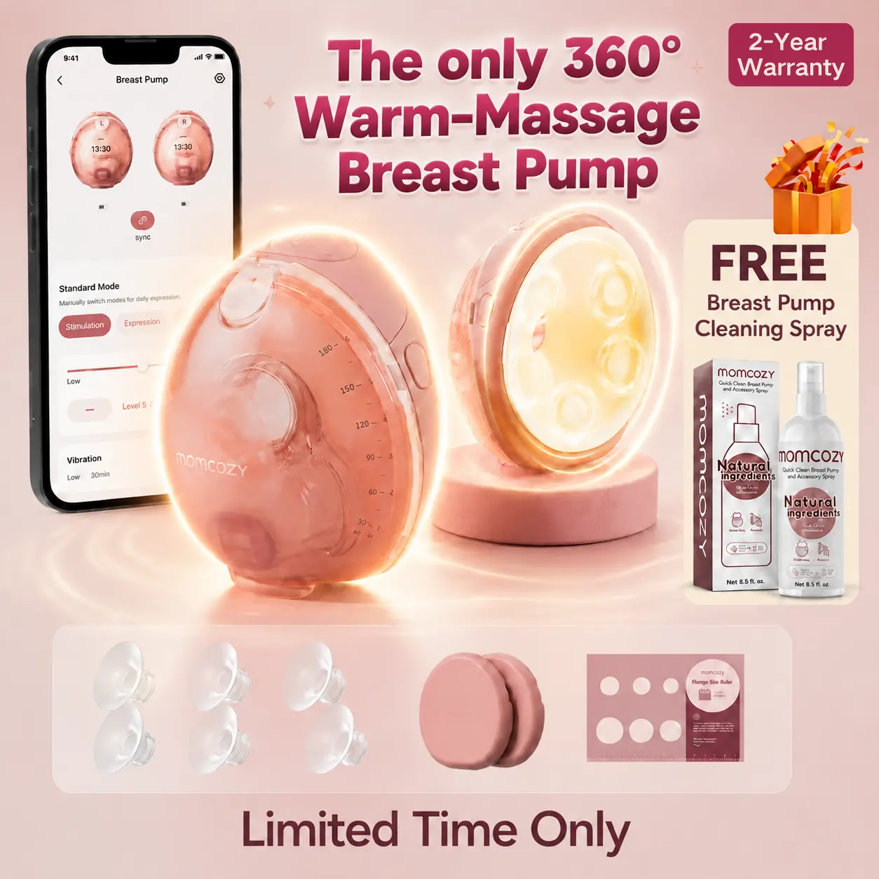Momcozy Wellness 1 Wearable Breast Pump, Warm-Massage Hands-Free Pump with Heated Flange&Simulated Massage for Comfortable Breastfeeding&Let-Down, App-Controlled, 4 Modes 12 Levels, 180ml/6oz