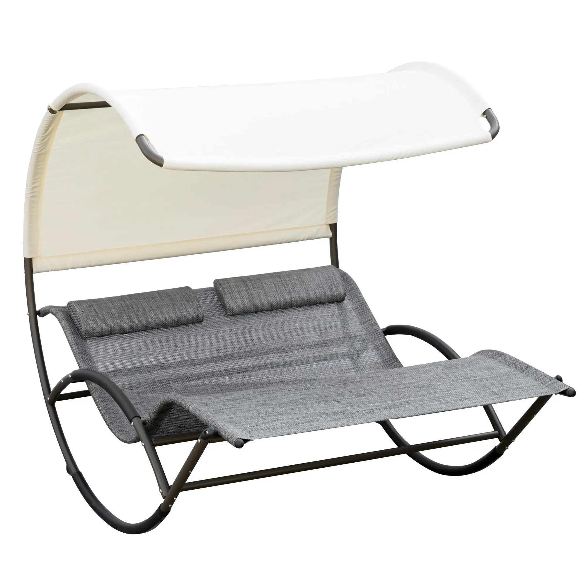 Outsunny Light Gray Outdoor Double Chaise Patio Rocking Sun Tanning Chair - Canopy Shade Day Bed Lounger with Headrest Pillow, Armrests for Garden, Poolside, Patio Rocking Chair