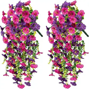 UV Resistant Artificial Hanging Flowers 2 Pack Set Faux Petunias Decorative for Outdoor Indoor Garden Porch Window Box Decor