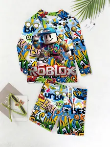 Boys Summer Fashion Long Sleeve Top Shorts Two-Piece Swimwear Set, 3D Street Graffiti Print Beach T-Shirt & Swimsuit, Ideal for Swimming Surfing