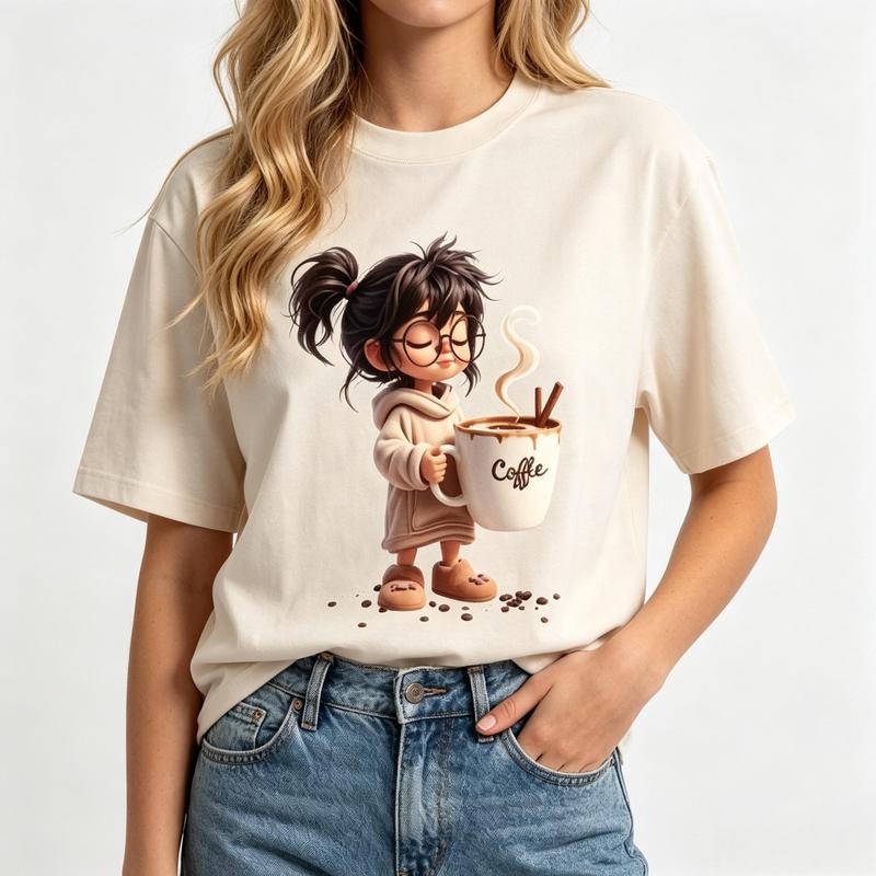 Women's Cotton Fabric Crew Neck Oversized T-Shirt - Cute Kawaii Coffee Mug Art & Cinnamon Print, Short Sleeve, Casual Y2K Aesthetic Streetwear Cozy Top