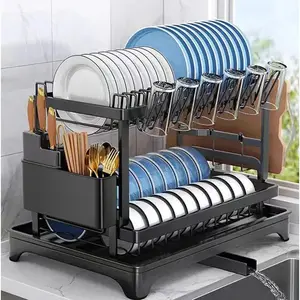 Dish Rack, 2 Tier Utensil Holder, Rustproof Kitchen Dish Drying Rack With Drainboard And Utensil Holder For Kitchen Countertop, Kitchen Accessories