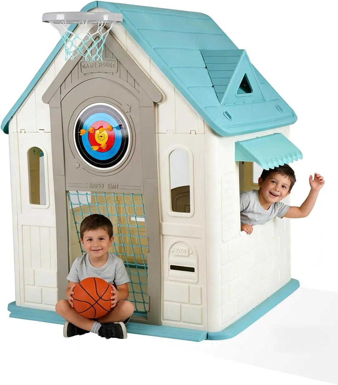 Summervibes Flash sale toy items Outdoor Playhouse for Kids - Basketball Hoop, Soccer Goal, Magnetic Dartboard, Ring Toss - Indoor/Outdoor Toddler Cottage Playset, Gift for Ages 3-8