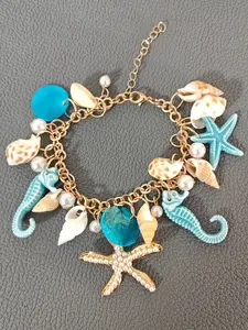Boho Fashion Faux Shell Starfish Seahorse Pendant Bracelet, Women Beach Vacation Style Holiday Accessory Gift, Hand Chain Bracelet