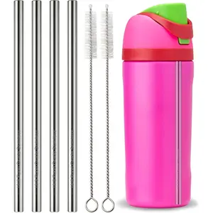 Metal Straws for   16 oz, Replacement Stainless Steel Straws,  Metal Straw for Free Sip Mini Bottles, 4 count Straws with 2 Cleaner Brush