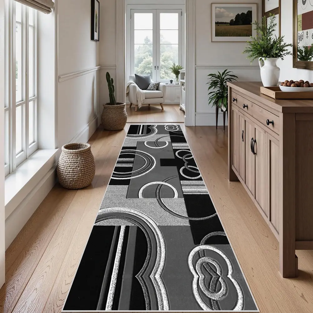 1pc, Black White and Grey Minimalist Geometric Art Long Strip Carpet, Easy to Clean And Machine Wash, Corridor and Passageway Full Floor Mat, Easy to Maintain Kitchen Runner Long Strip Carpet, Very Suitable for Home Decoration Carpet