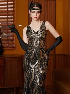 1920s Gatsby Long Sequin Dress, Art Deco Style Evening Gown, Formal Wear, Vintage Party and Birthday, Fitted Patchwork Design, All Seasons