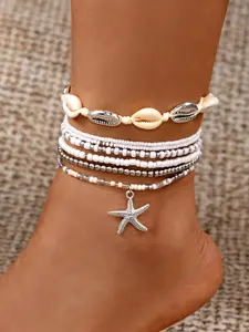 Boho Style Beaded Anklet Set, Handmade Pearl Star Pendant Design, Perfect for Casual Wear & Beach Vacations, Fashionable Jewelry Gift