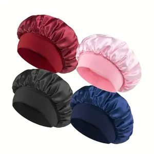 Luxury Satin Shower Cap with Adjustable Elastic Band - Waterproof, Soft Sleeping Hair Cap for Night Care, Conditions Hair and Makes Hair Shiny hair protection cap Double Layer Satin Sleeping Bonnet solid color satin bonnet Home Goods Pastel
