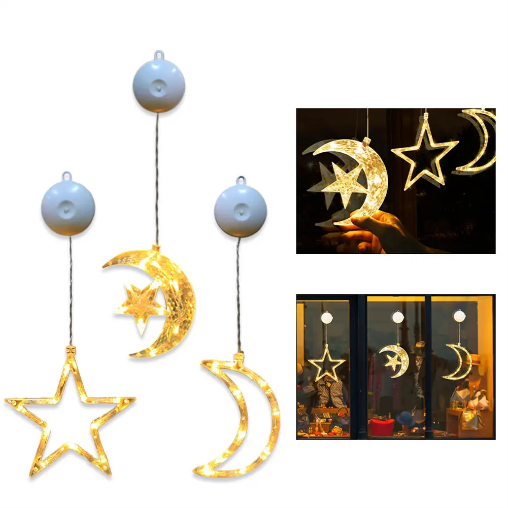 3-Pack Ramadan Moon Star Window LED Lights, Battery-Operated Eid Mubarak Decor Ornaments with Suction Cup, Hook, Transparent Box, Indoor-Outdoor Hanging Gift Decor (Batteries Not Included)