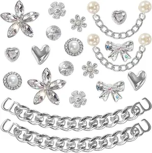 20Pcs Glitter Shoe Charms – Pearl, Crystal & Flower Bling with Chains – DIY Shoe Accessories for Women