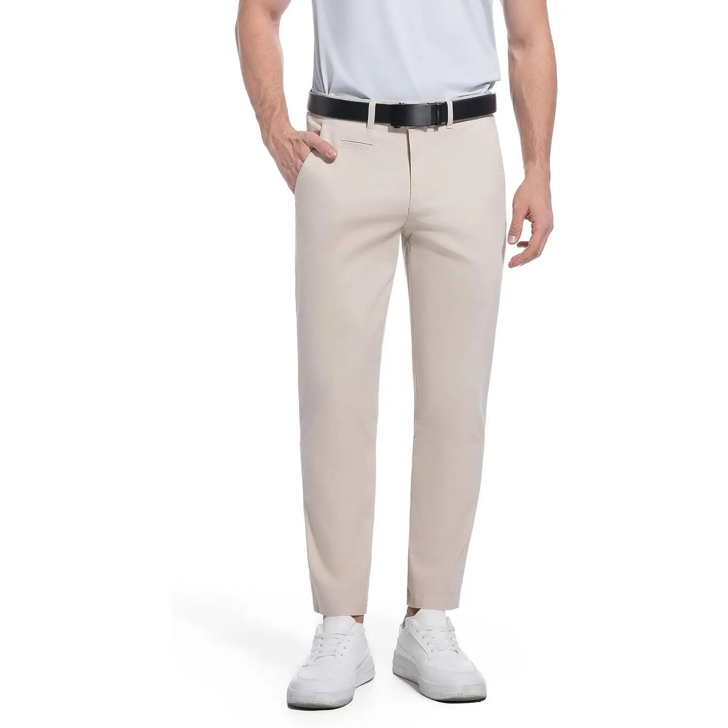 Men's Khaki 27-in Inseam Straight Slim Fit Stretch Cotton Fabric Menswear Dress Chinos, Wrinkle-Resistant Smart Casual Trousers with Pocket, Clothes