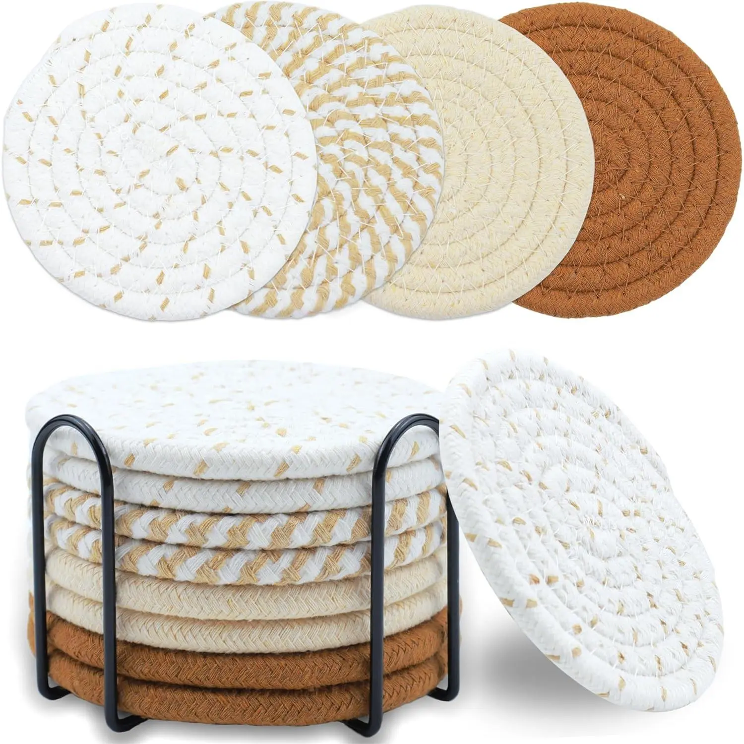 8 count Drink Coasters with Holder, Minimalist Cotton Woven Coaster Set, 4 Colors Absorbent Coaster Protection Protection for Various Cups, Ideal for Coffee Tables and  Decor Tabletop, 4.3 Inches