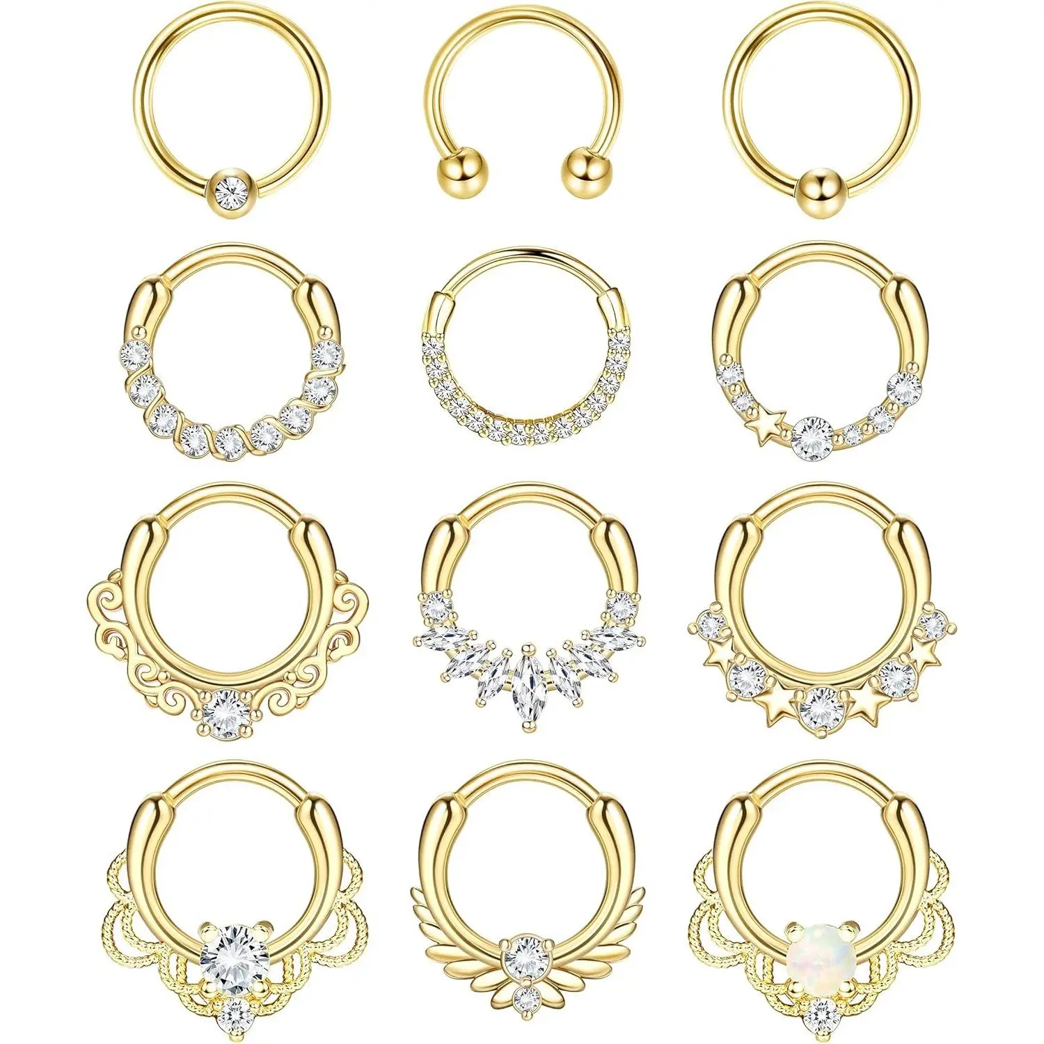 YADO 12pcs 16g Hypoallergenic Stainless Steel Body Jewelry Set - Hinged Hoop Clicker Nose Rings, CZ Bling Septum Daith Earrings, Forward Helix Pieces, Casual Lightweight Lead-Nickel-Free Cute Piercing Accessories, Forward Helix Jewelry