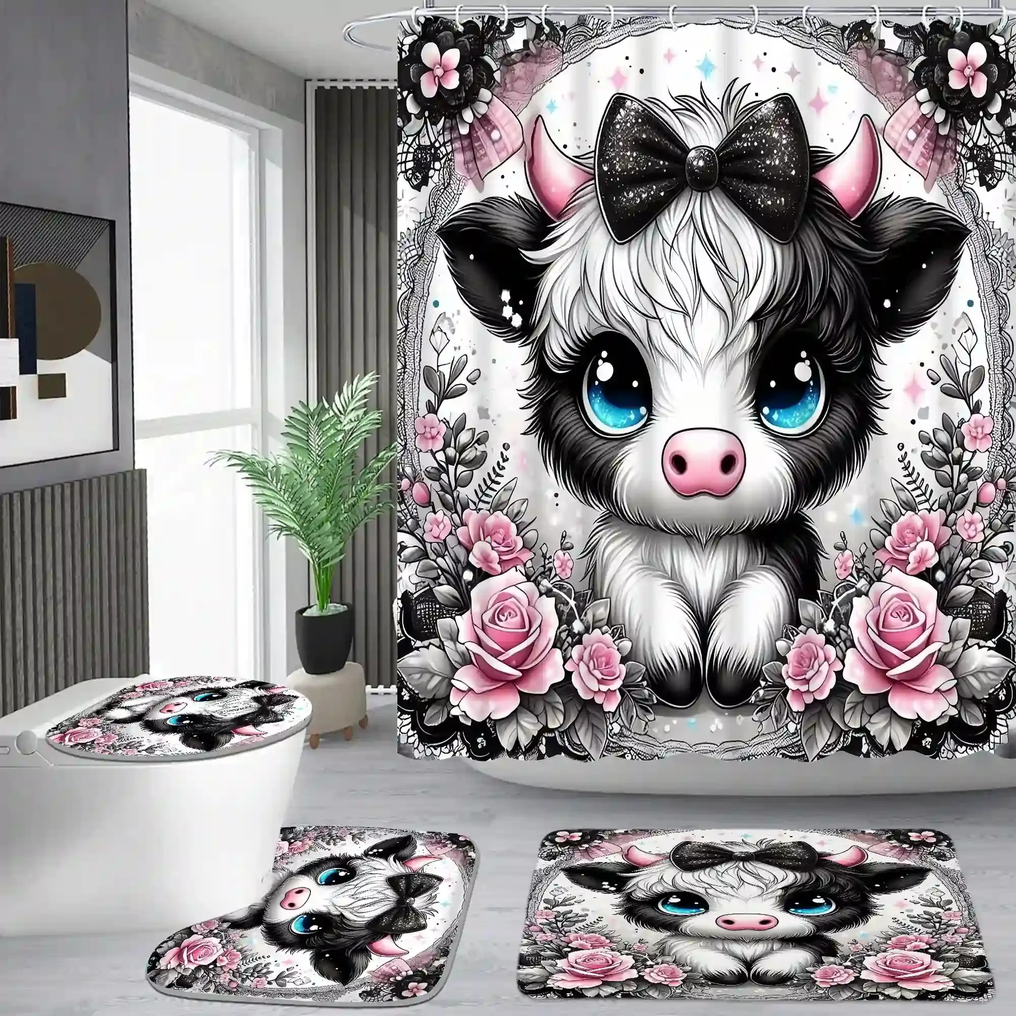 Pink and black bow cute cow pattern shower curtain set, waterproof shower curtain with 12 hooks, non-slip bathroom carpet, toilet U-shaped cushion, toilet seat cover cushion, bathroom shower curtain set, perfect moving gift. Decoration