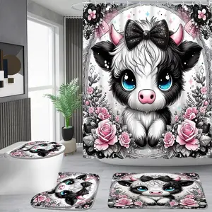 1/4 piece pink and black bow cute cow pattern shower curtain set, waterproof shower curtain with 12 hooks, non-slip bathroom carpet, toilet U-shaped cushion, toilet seat cover cushion, bathroom shower curtain set, perfect moving gift.