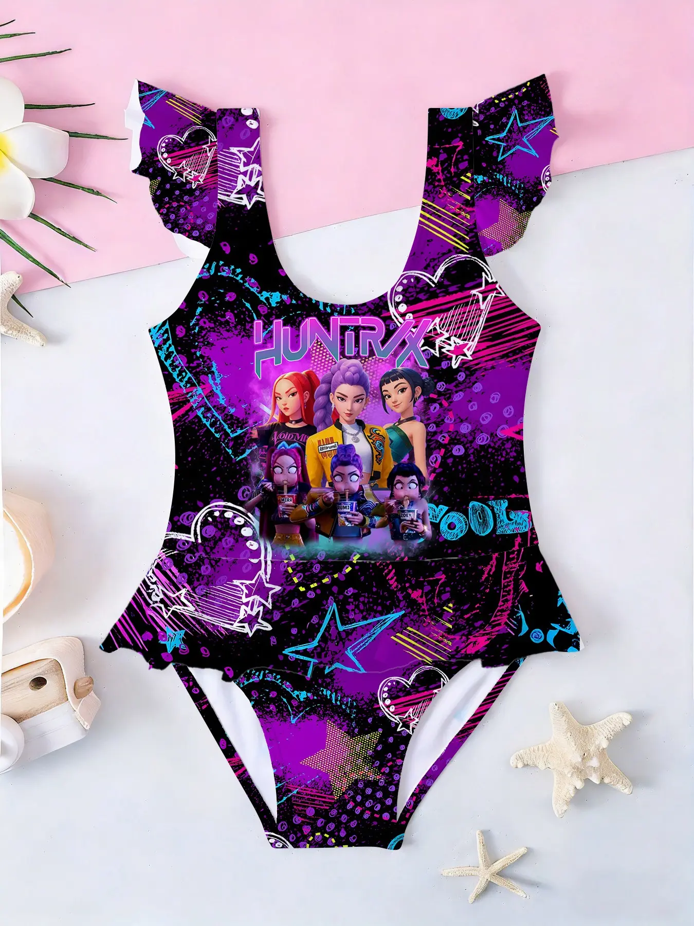 Girls' One-Piece Swimsuit Kpop Girl Group Instant Noodle Print Graffiti Flutter Sleeve Ruffle Trim Swimsuit Pool Beach Dreamy Style Patterned Swimsuit