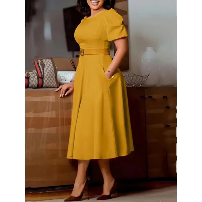 Women's Formal A-Line Sports Dress - Mustard Yellow, Shortsleeve, Round Neck, Non-Stretch Fabric, Pockets, Structured Design for Weddings, Work Events, Basic