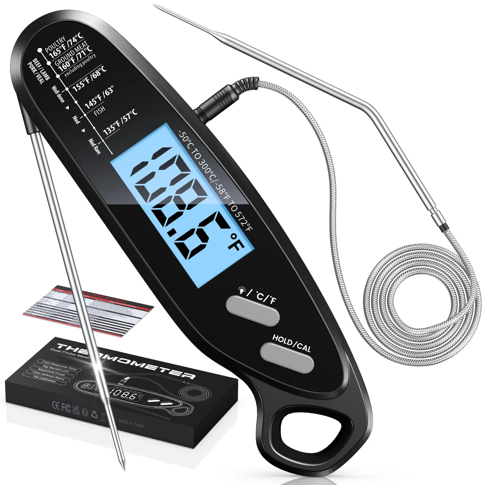 Instant Read Meat Thermometer Digital with Dual Probe, Food Thermometer for Cooking & Grilling, Large Backlit & Calibration, Grill Thermometer for Outside/Kitchen/Oven//Smoker/BBQ/Baking, Black summerwins