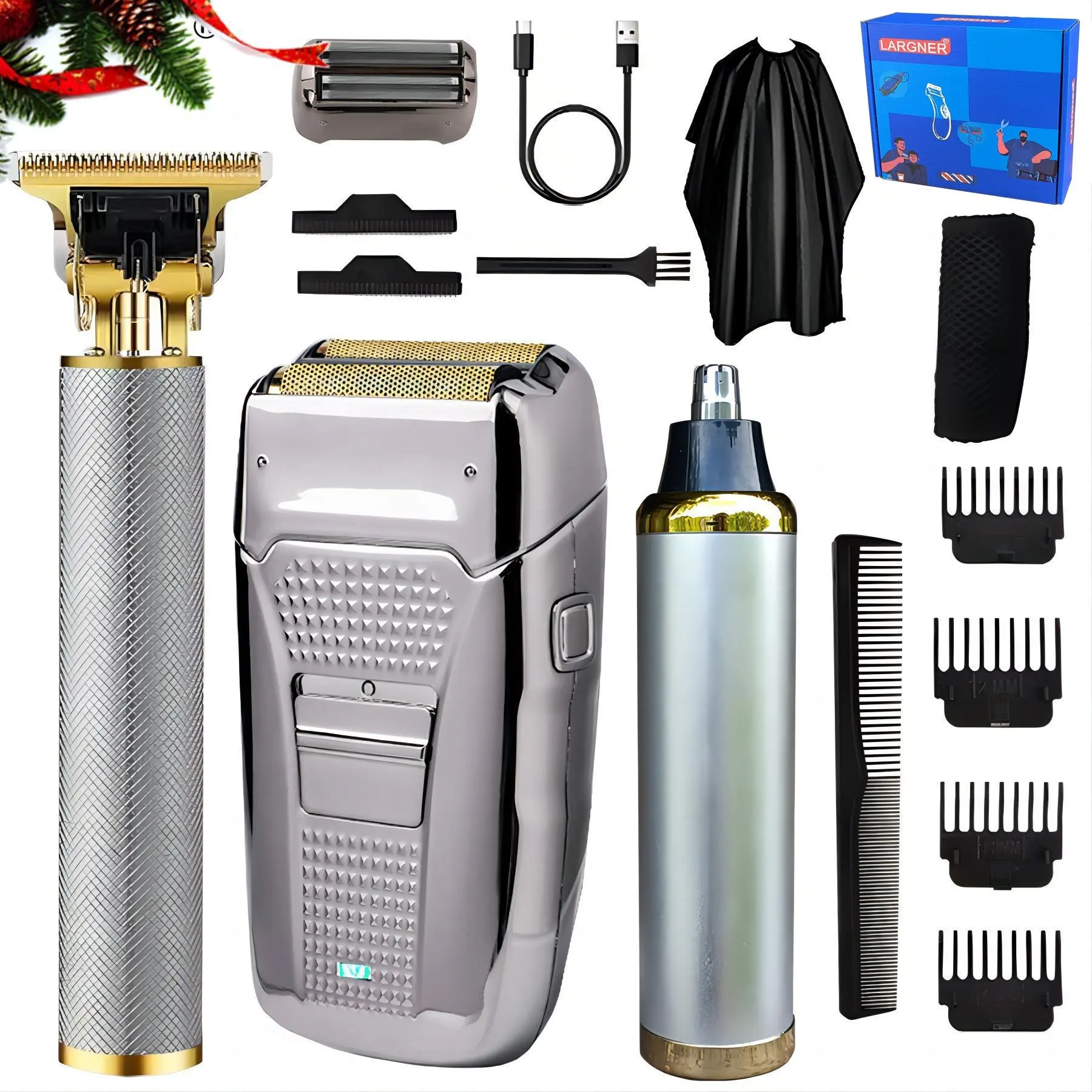 Largner Silver Color Electric Shaver Set, Trimmer & Razor Kit, Rechargeable Men's Grooming Tools, Professional Hair Care Accessories