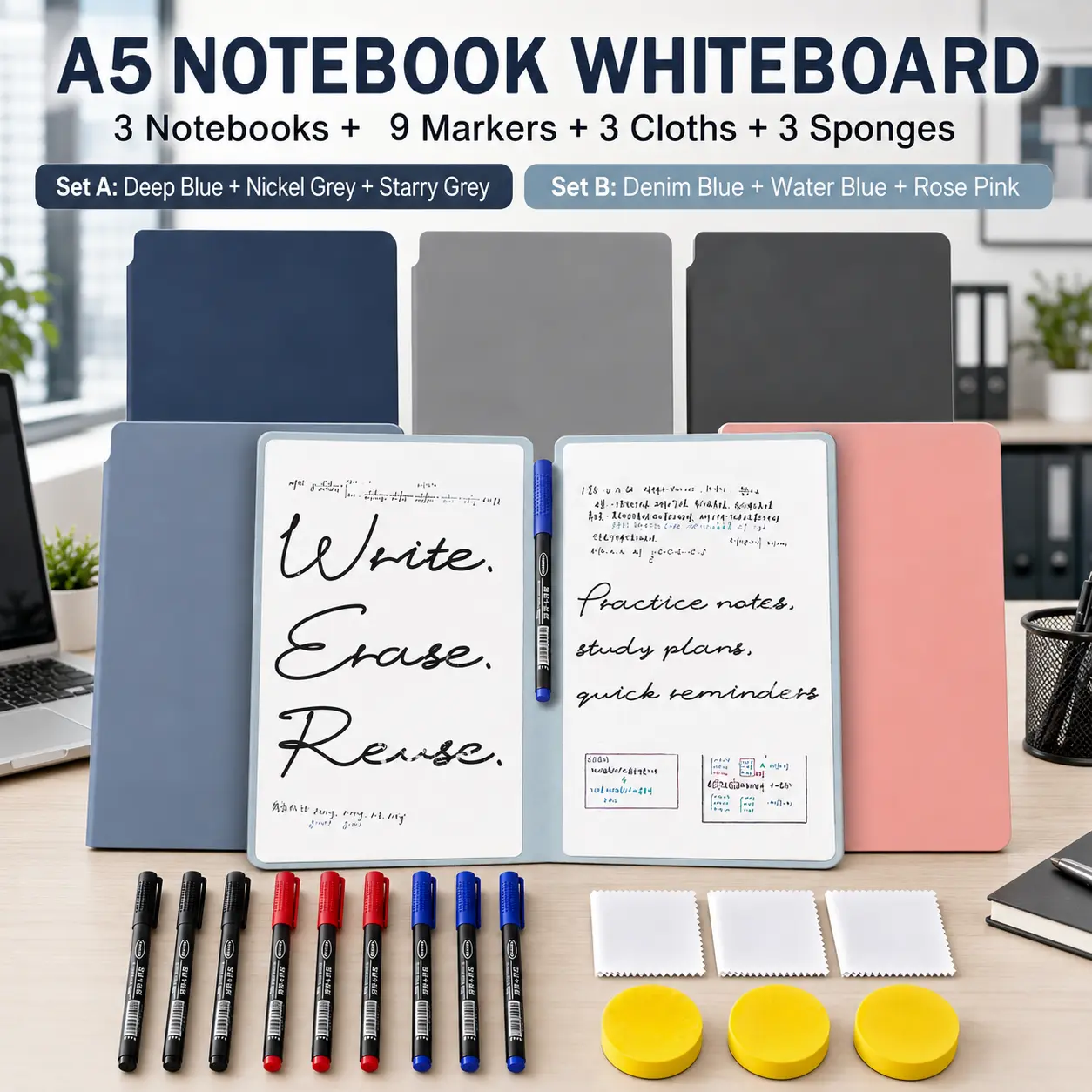 3-Pack A5 Reusable Dry Erase Whiteboard Notebook Set, Double-Sided PET Writing Boards with 9 Fine-Tip Markers, 3 Cleaning Cloths & 3 Eraser Sponges, Portable Faux Leather Study Pads for Math, Notes, School & Office