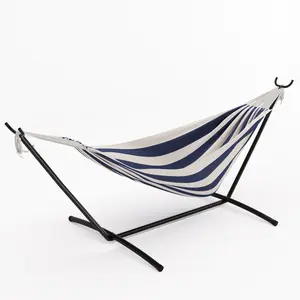 Double Hammock with Stand - Sturdy Steel Frame, Adjustable Double-Layer Cotton, 450 lbs Capacity, Thick Ropes, Portable Carry Bag, Perfect for Backyard, Patio, Camping, Porch, Outdoor & Indoor Use