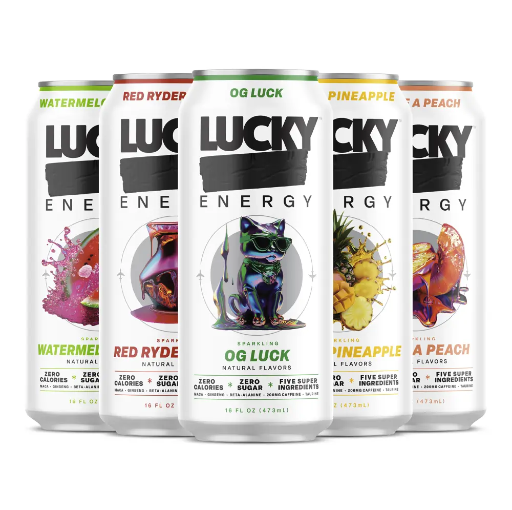 Lucky Energy Essentials Variety Pack - Energy Drinks 10 Pack, 16oz Cans, Zero Sugar, 200mg Caffeine | OG Luck, Red Ryder Punch, Watermelon Candy, Son of a Peach, Mango Pineapple | Clean Energy Sampler, No Crash