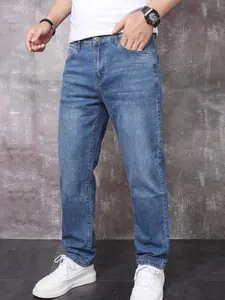 Men's Straight Leg Jeans, Soft Stretch Washed Light Blue Denim, Daily Commute Versatile Casual Streetwear Long Pants, All Seasons Wear