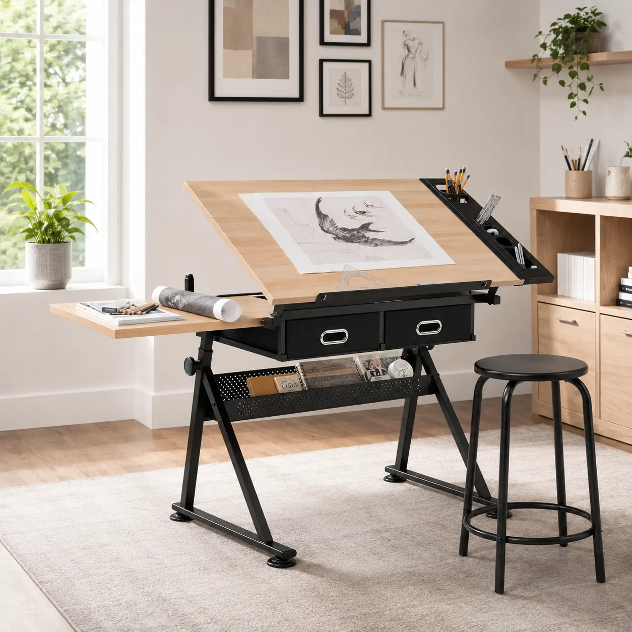 【Table & Stool Set】Costoffs Adjustable Drafting Table, Height & Angle Adjustable Art Desk with Storage Drawers, Side Tray, Pencil Ledge and Shelf for Drawing, Painting, Crafting and Study
