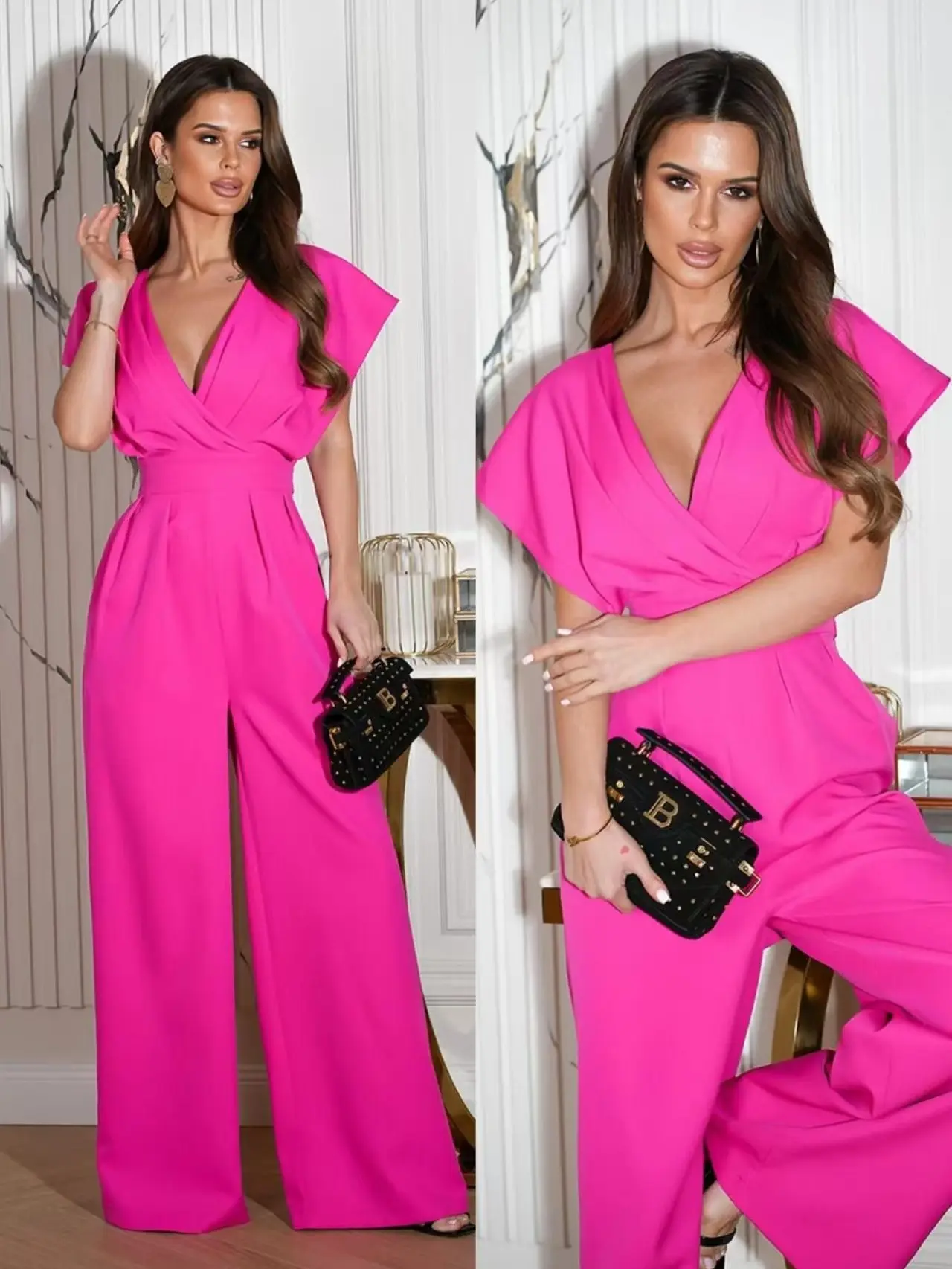 Women's Vibrant Pink Jumpsuit, Deep V-Neck, Flared Sleeves, Bold Look Womenswear