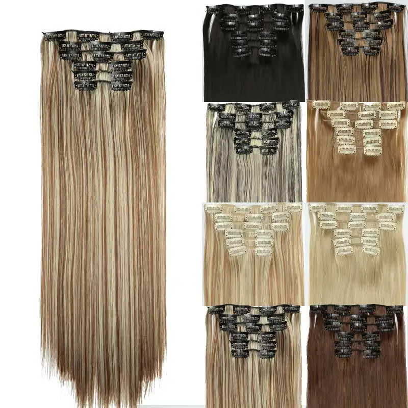 Aluna 6pcs/set Clips in Hair Extensions 24 inch Long Straight Synthetic Hair Pieces for Women 16 Clips Long Straight Hair Extensions for Daily/Party Ash Blonde Bundles