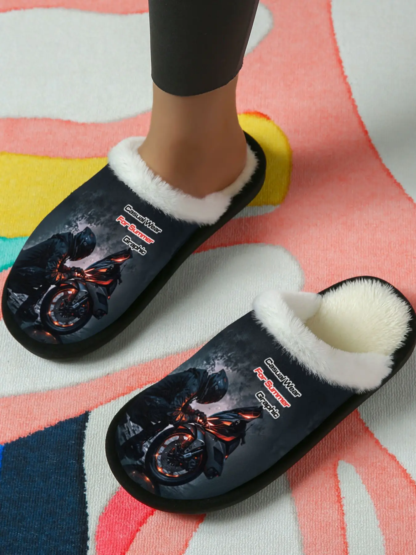 Motorcycle Graphic Slippers, 1 Pair, Edgy Street Style with Black Biker Rider Print, Plush White Fur Lining, Non-Slip & Breathable Sole, Casual Summer Home Wear for Trendsetters