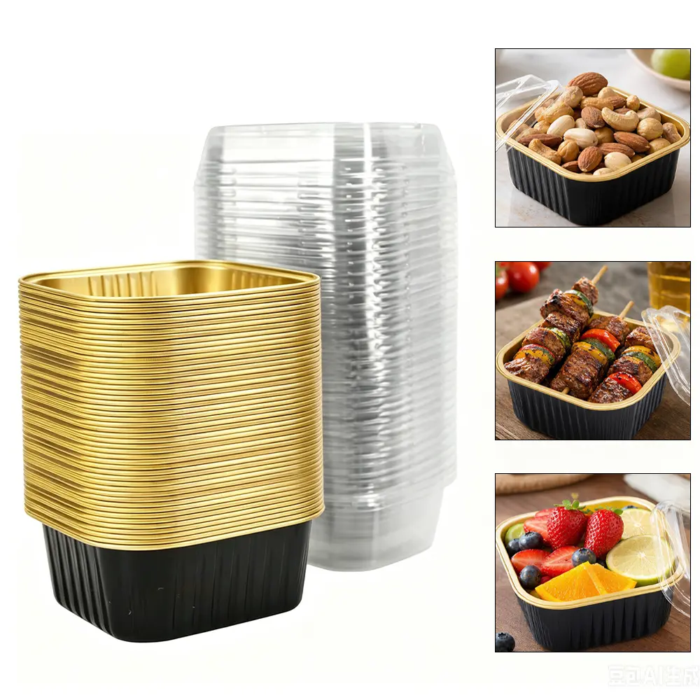 Pack of 50 Mini Cake Pans with Lids, 10-oz Aluminum Foil Square Cupcake Liners Brownie Baking Cups, Disposable 4”x4” Large Cupcake Pan, Jumbo Muffin Tin Ramekins Holders
