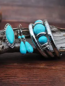 Vintage Turquoise Decor Adjustable Jewelry Set, Boho Style Dangle Earrings & Rings & Bracelets Set for Women & Men, Fashion Jewelry for Party, Exquisite Jewelry for Gift