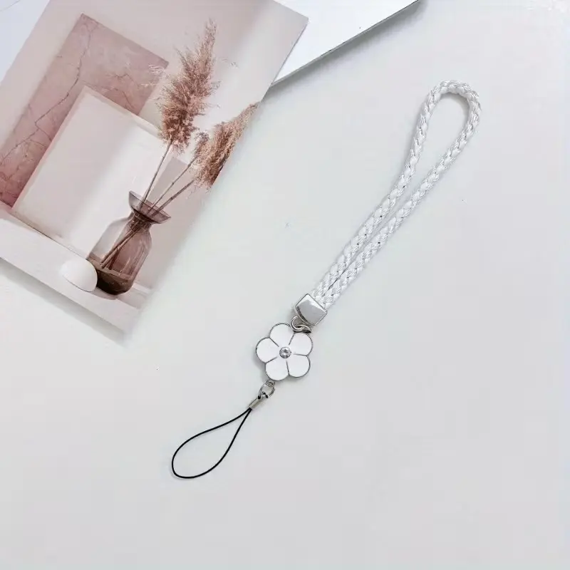 Pink Camellia Charm Braided Rope Strap Phone Lanyard - High-Quality Metal Alloy Buckle, Cute Cellphone Accessory for Mobile Phones, Niche Rope Strap Accessory Phone Charms Cell Phone Accessories Cellphone Lanyard Black