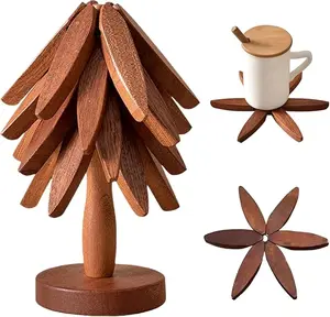 Wooden Trivets for Hot Dishes, Hot Dish Coaster with Tree-Shaped Wood Collapsible Hot Pad Trivet Tree for Restaurant, 4 Wooden Trivet + 1 Stand Tableware