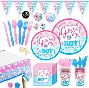 Gender Reveal Decorations, Baby Shower Party Supplies 142 Pieces 16 Guests Paper Plates, Cups, Napkins, Tablecloths, Black Balloon, Banner, Tableware Set Disposable Dinneware