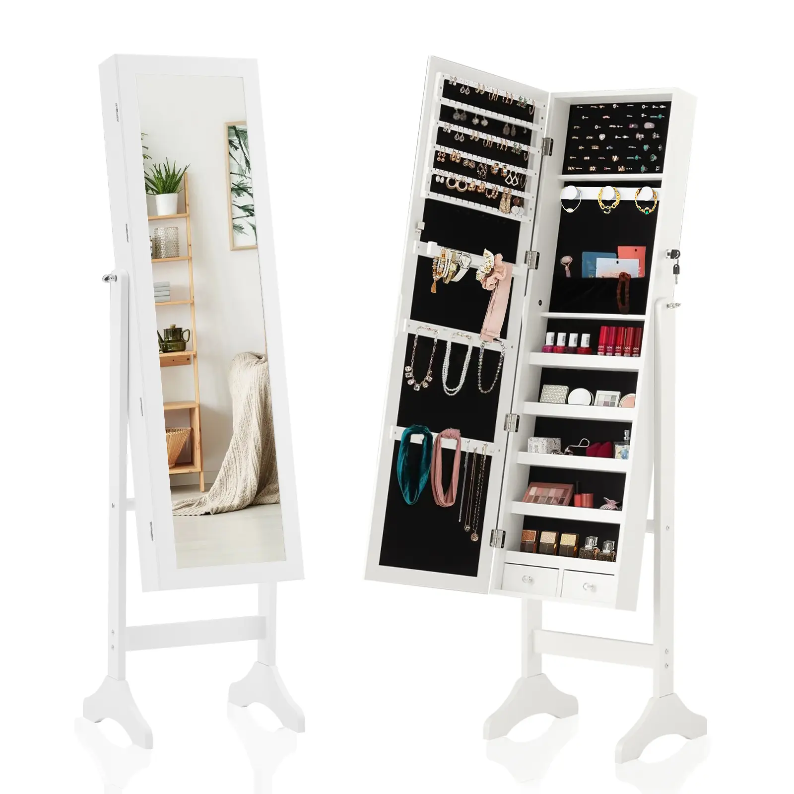 Freestanding Jewelry Armoire Cabinet, Full Length Standing Mirror, Lockable Makeup Storage Organizer, w/Velvet Lining, 3 Angles, Lock, Accessory Pouch, 5 Shelves