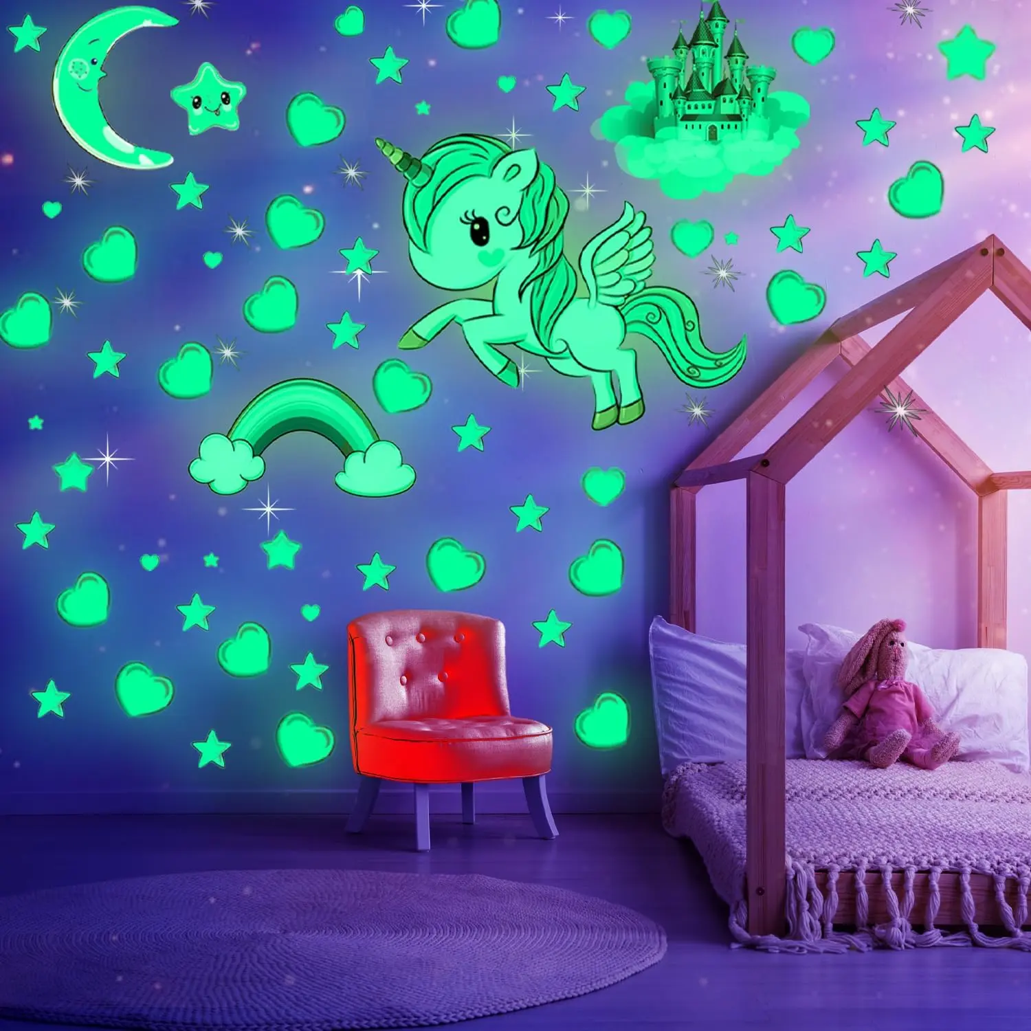 Glow in the Dark Stars, Glowing Unicorn Sets with Castle Moon and Rainbow Wall  for  Bedding Room,  for Birthday  Wall Mural Stickers for Girls and Boys