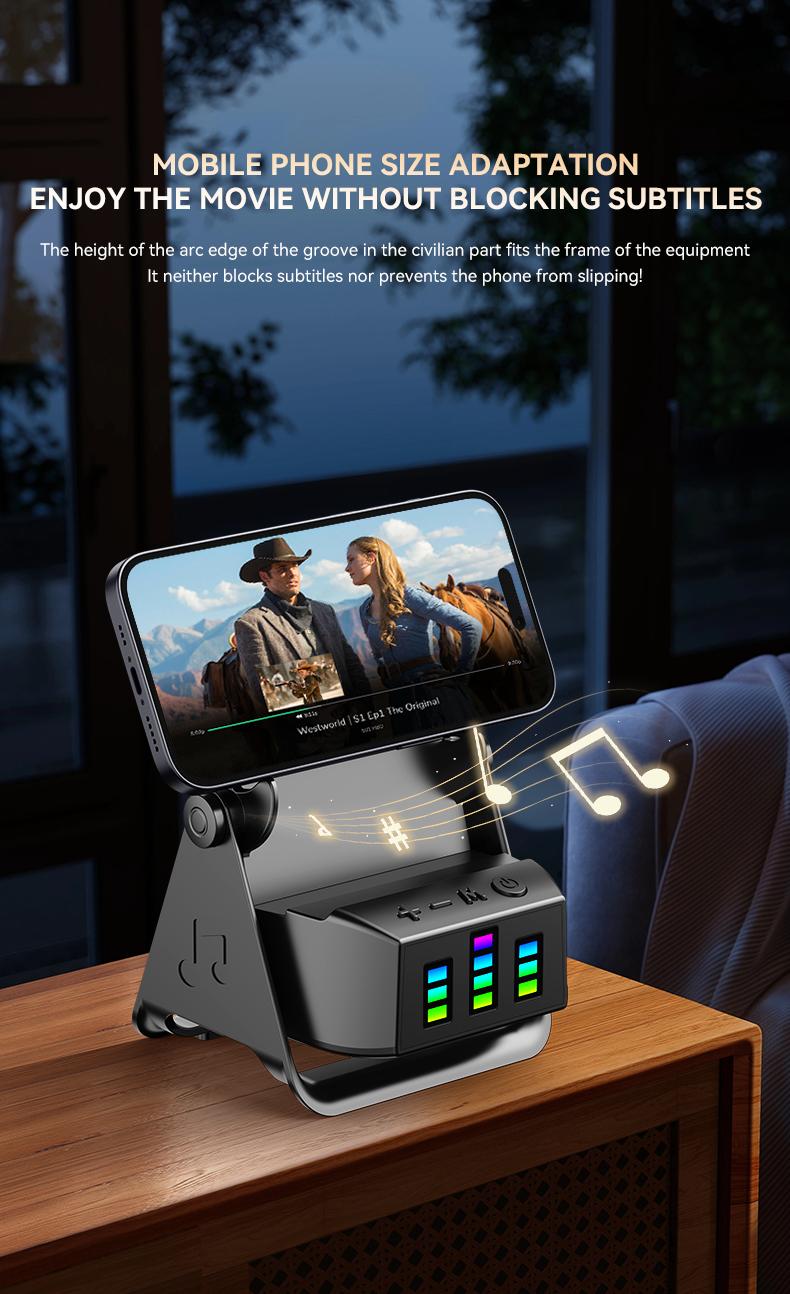 5-in-1 Wireless Induction Speaker Phone Stand，360° Adjustable，Power Bank，RGB Ambient Light，Universal Gift for Men Women