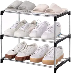 Stackable Small Shoe Rack, Entryway, Hallway and Closet Space Saving Storage and Organization (3-Tier, Black) Jucaifu