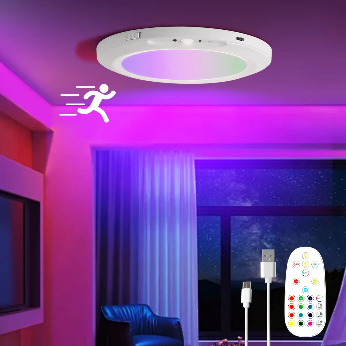 Rechargeable Motion Sensor Ceiling Light with Remote - RGB Colorful LED, Interior LED Lights, Plastic Wireless Flush Mount with Batteries & Cells for Bedroom, Hallway