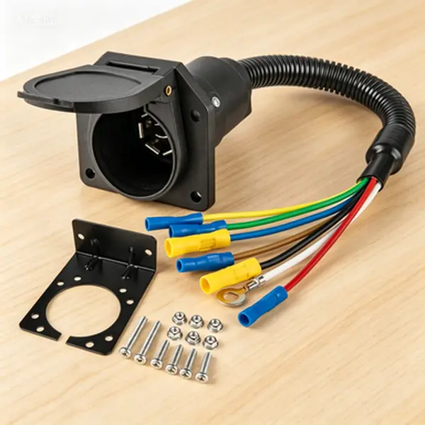 Heavy Duty 7-Way RV Trailer Light Connector Socket - Truck Vehicle-Side Quick-Install Wiring Plug with Pigtail Adapter, 7-Wire Cable, Mounting Bracket, Universal Fit for Motorhomes, Boats