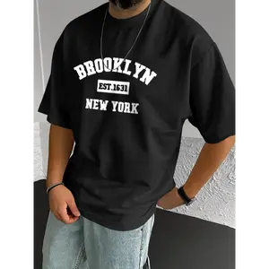 Men's Short-Sleeve Fitted Round Neck Combed Cotton Boxy Tee - Black 200g, Digital Sublimation Stamped, Soft Fabric, Tropical Casual Plain, Brooklyn New York Lettering Print, Unisex Design, COD Available, Affordable Skena Ruccas Decking