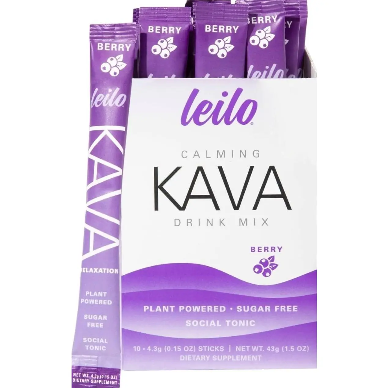 LEILO Calming Kava Drink Mix – Berry, 10 Stick Packs (Plant-Based Relaxation Powder, Non-Alcoholic, Sugar-Free Herbal Supplement)